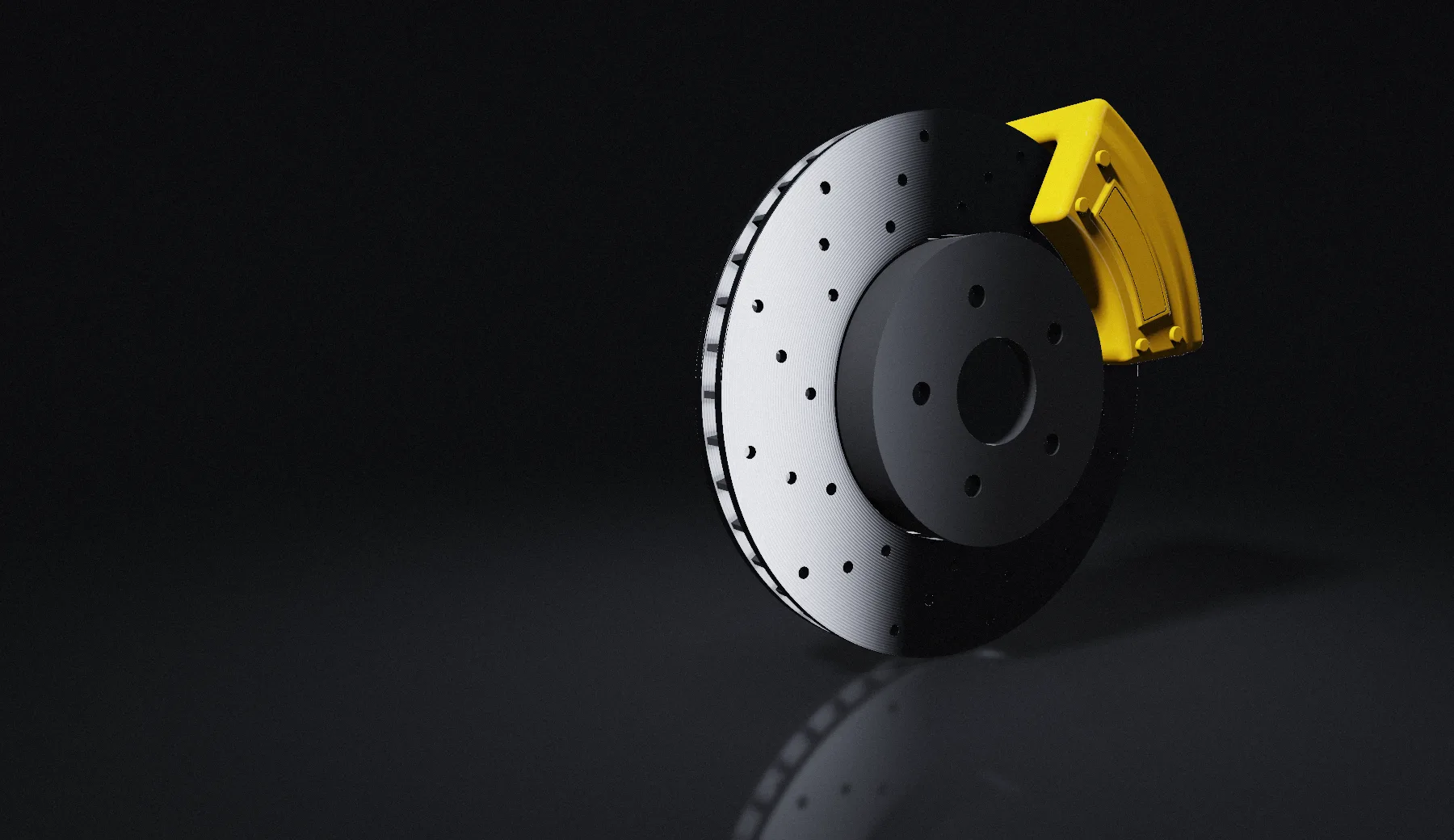 Disque de frein ventilé et percé avec son étrier jaune, sur fond noir.
