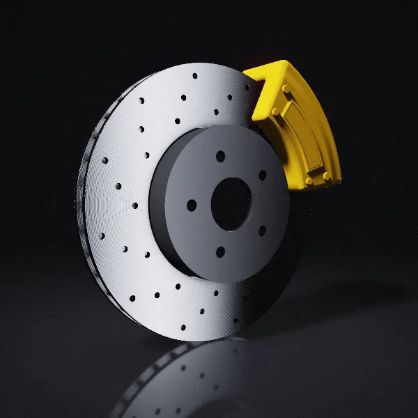 Disque de frein ventilé et percé avec étrier jaune, vu de trois quarts.