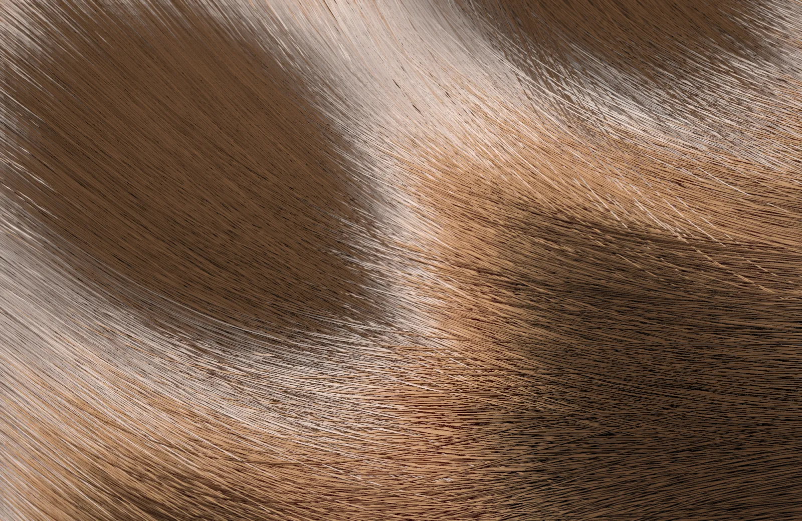 Très gros plan de cheveux châtain doré qui ondulent sous la lumière.